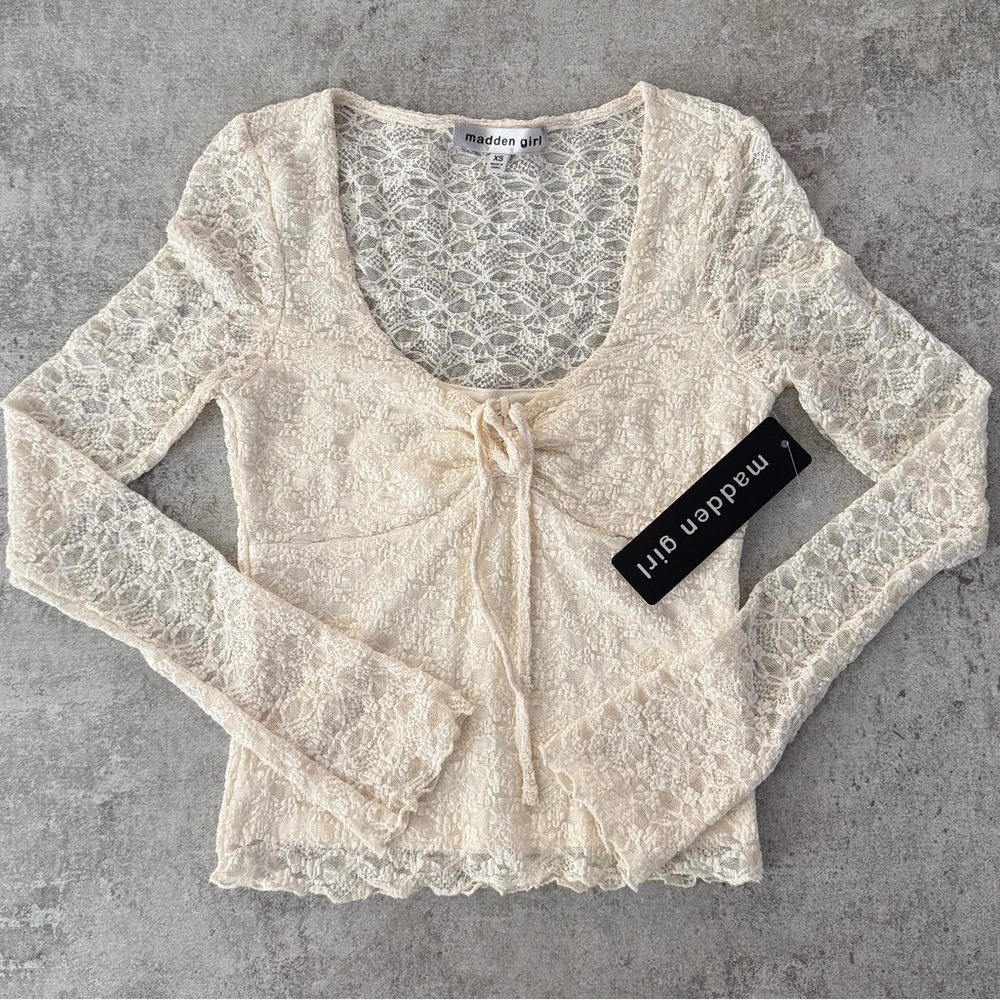Madden Girl Cream Lace Tie-Front Long Sleeve Top
